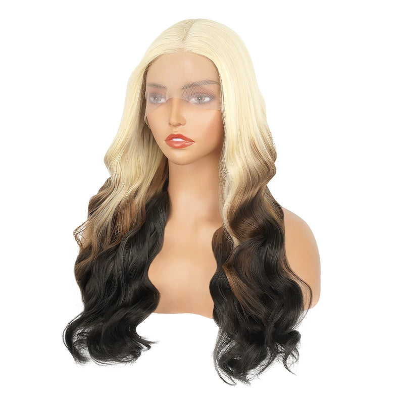Red Black With Blonde Highlight 13X6 Lace Front Wig Body Wave Synthetic Glueless pre plucked With Baby Hair Lace Frontal Hair