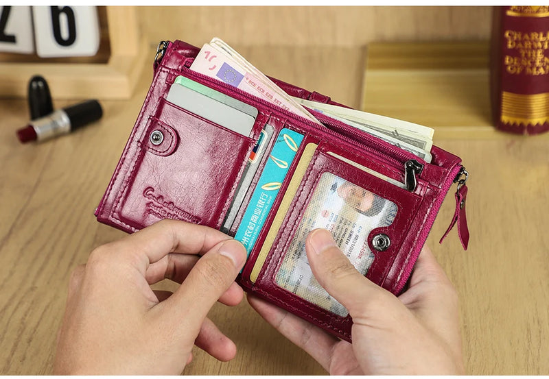 CONTACT'S Fashion Genuine Leather Women Wallet Bifold Card Holder Coin Purse Small Women's Purse Money Clip Men Pocket Wallets