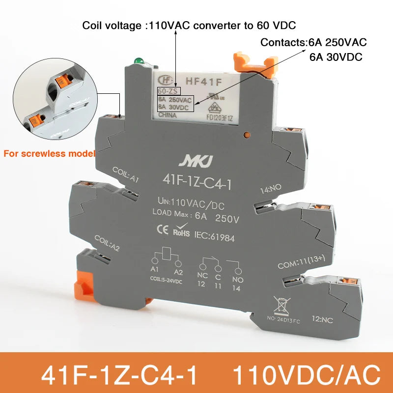 Din Rail Slim Relay Module 41F - 1Z - C4 - 1 Integrated PCB Mount Power With Holder 12V 24V ACDC 220V - Visuel 19 | SAMAG