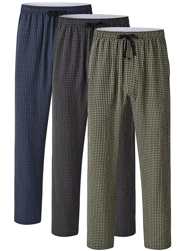 Men's 3Pcs Pajama Sleeping Pants Cotton Plaid Pjs, Long Plaid Print Sleepwear Pajama Pants with Elastic Waist Homewear
