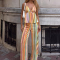 HH Fashion 2026 Women's Colorful Striped Two-Piece Set Summer Halter Neck Crop Top+Wide Leg Pants Resort Beach Outfit