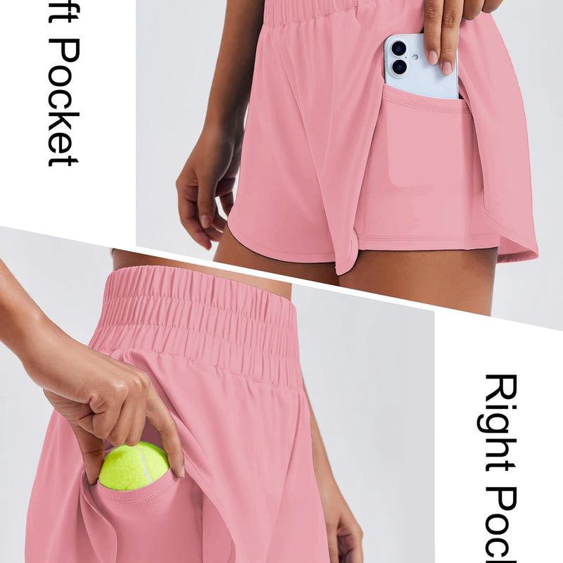 Porty Lady Solid Color High-Waist Yoga Running Double-Layered Anti-Glare Fitness Tight-Fitting Sports Shorts