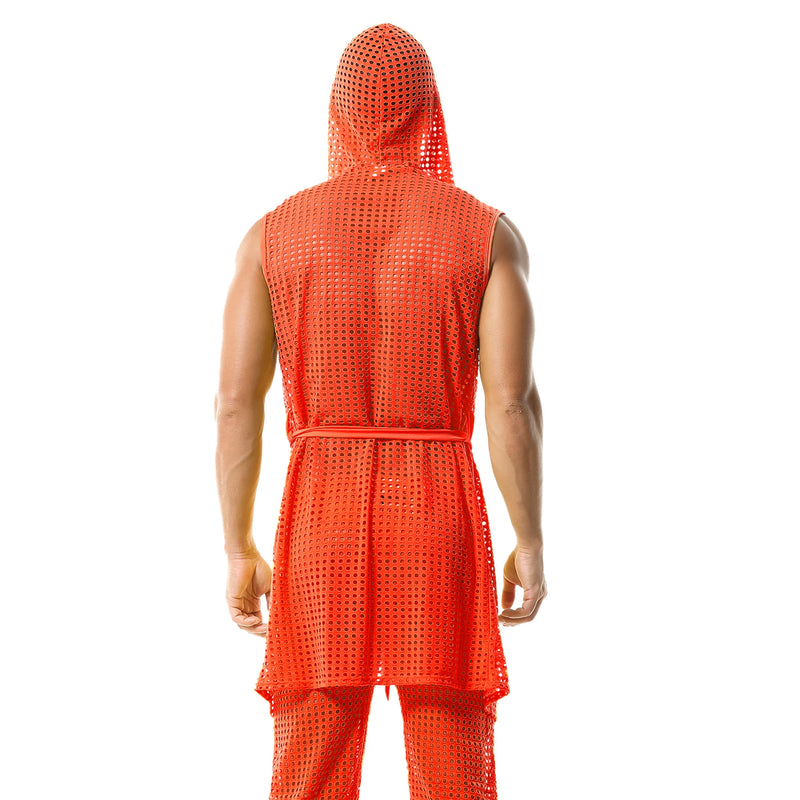 Men's Fishnet Hollow Out Robes Classic Lounge Pants Sexy Sleepwear Mens Robe Sets Daily Home Sleeveless Bathrobes Hooded Pajamas
