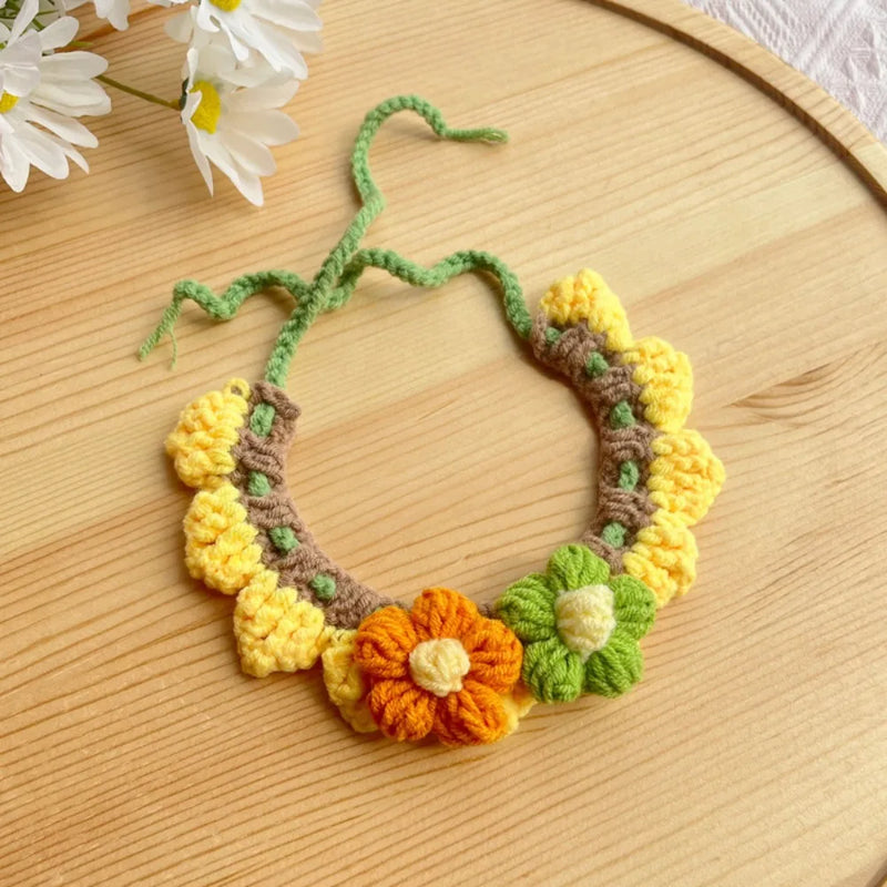 Cute Hand-Weaven Elastic Pet Scarf Adjustable Sweet Style Cat Dog Bow Tie Lightweight Plant Theme Knitted Pet Collar Pet Gifts