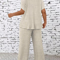 2 Counts Women's Plus Size Textured Batwing Sleeve Tee & Elastic Waist Pants Set, Casual Short Sleeve T-shirt & Straight Leg Tro