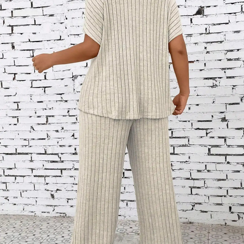 2 Counts Women's Plus Size Textured Batwing Sleeve Tee & Elastic Waist Pants Set, Casual Short Sleeve T-shirt & Straight Leg Tro