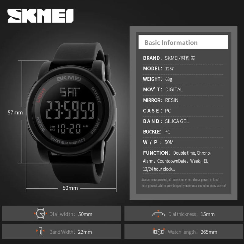 SKMEI Multifunction Back Light Display Countdown Sport Watches For Men Women Alarm 5Bar Waterproof Digital Electronic Wristwatch
