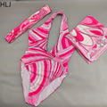 HLJ Sexy Women Pink Abstract Print One Piece Swimsuit | SAMAG