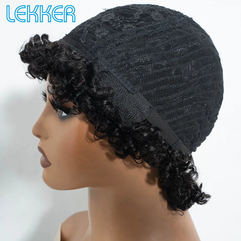 Lekker Black Short Pixie Cut Curly Bob 100% Human Hair Wigs For Women Brazilian Remy Hair Full Machine Made Glueless Daily Wigs