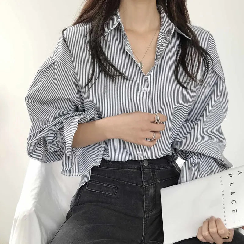 Women Blue Striped Blouses and Shirts Korean Style Y2k - View 4 | SAMAG