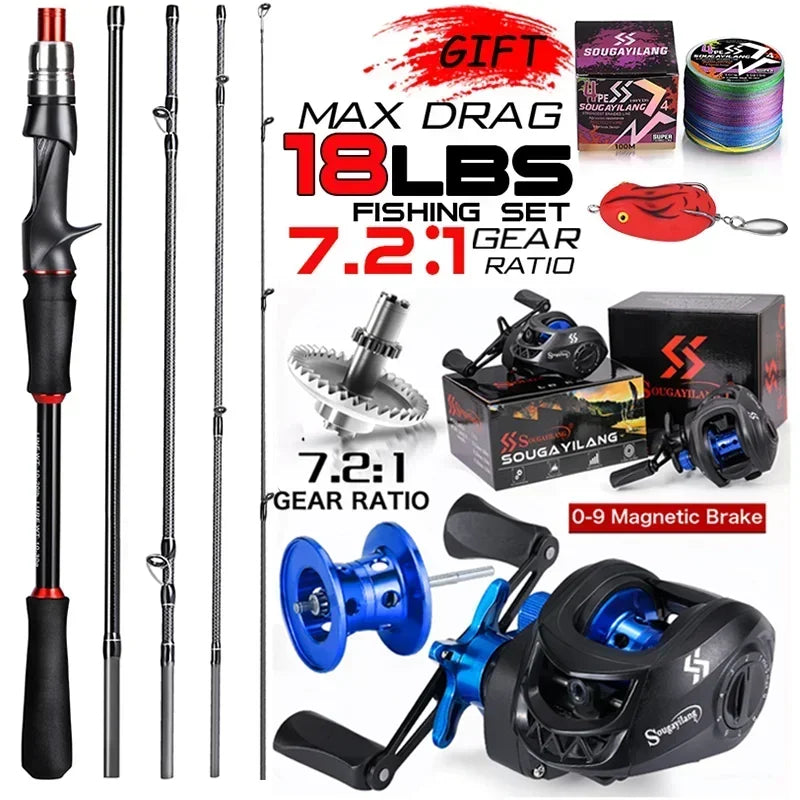 Sougayilang Casting Fishing Rod Reel Set 1.8/2.1m Carbon Fiber Casting Rod and Reel Max Drag 8kg with Line Lure for Bass Pike