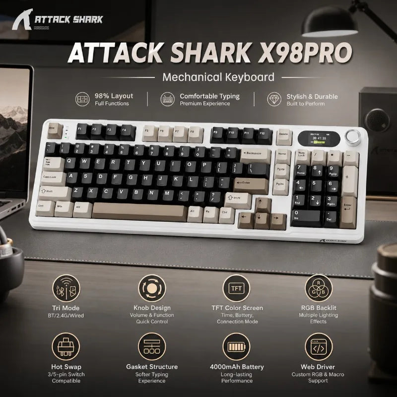 ATTACK SHARK X98PRO 98 Key Wireless Mechanical Keyboard TFT Display Knob RGB Backlit Hot Swappable Gasket Custom Gaming For PC