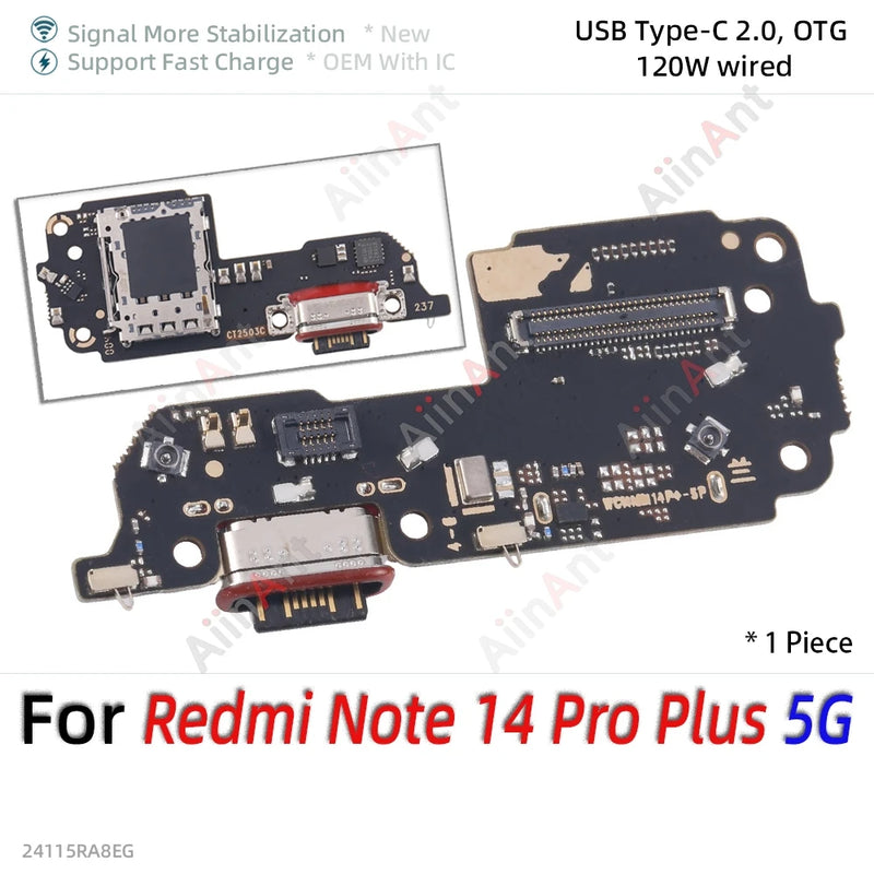 Bottom USB Charger Board Dock Connector Charging Port Flex Cable For Xiaomi Redmi Note 13 14 13C 14C 14R 13R Pro Plus 4G 5G Part