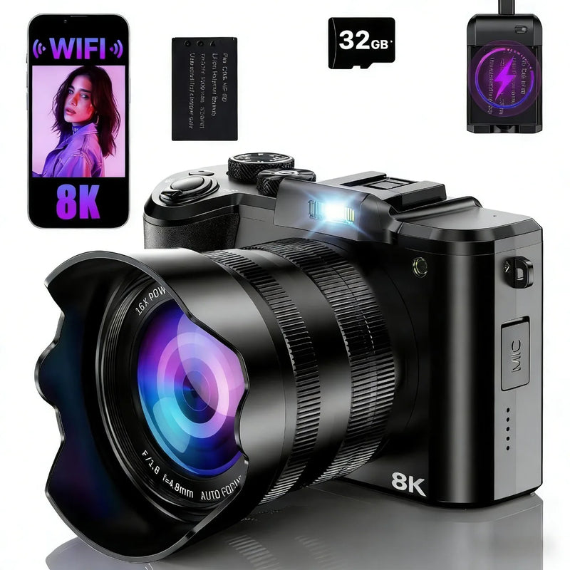 8K Digital Camera 88MP Autofocus WiFi Vlogging Dual Lens 16X Zoom Touch Screen 32GB Travel Video Photo