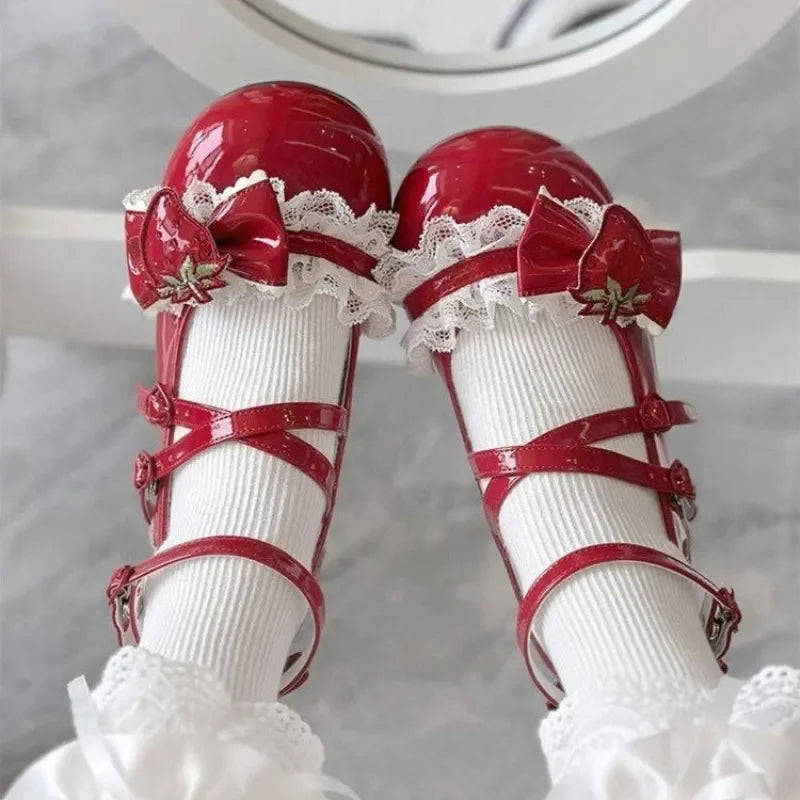 Women's Mary Janes Lolita Shoes Strawberry Bowknot Round Toe Heels Sweet Shoes Ankle Strap Pumps for Ladies