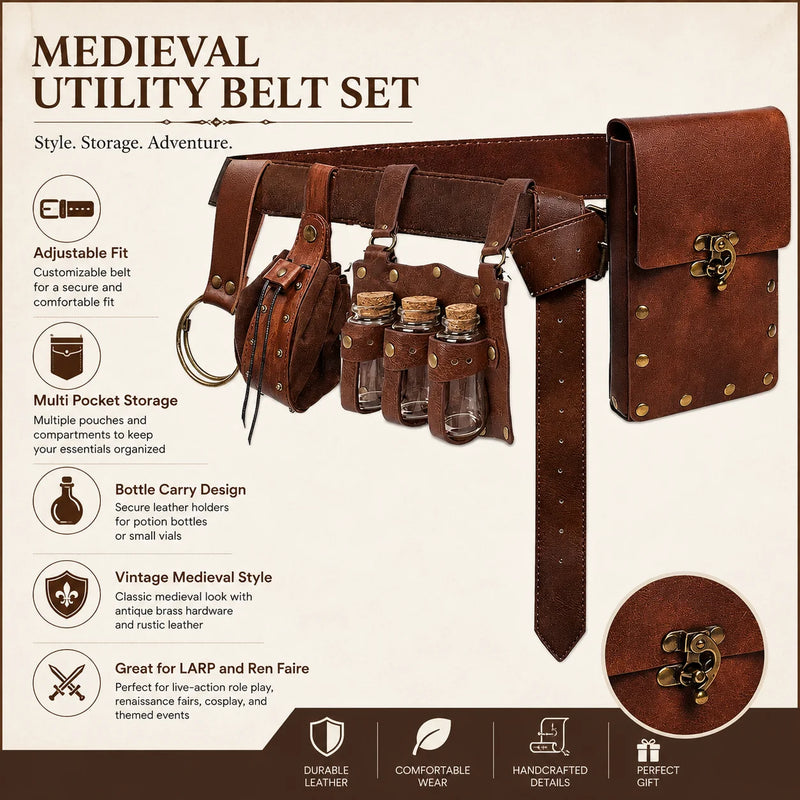 5Pcs/Set Medieval Leather Belt Waist Bag Renaissance Steampunk Vintage Waist Pack Cosplay Halloween Costume Accessories Set ﻿