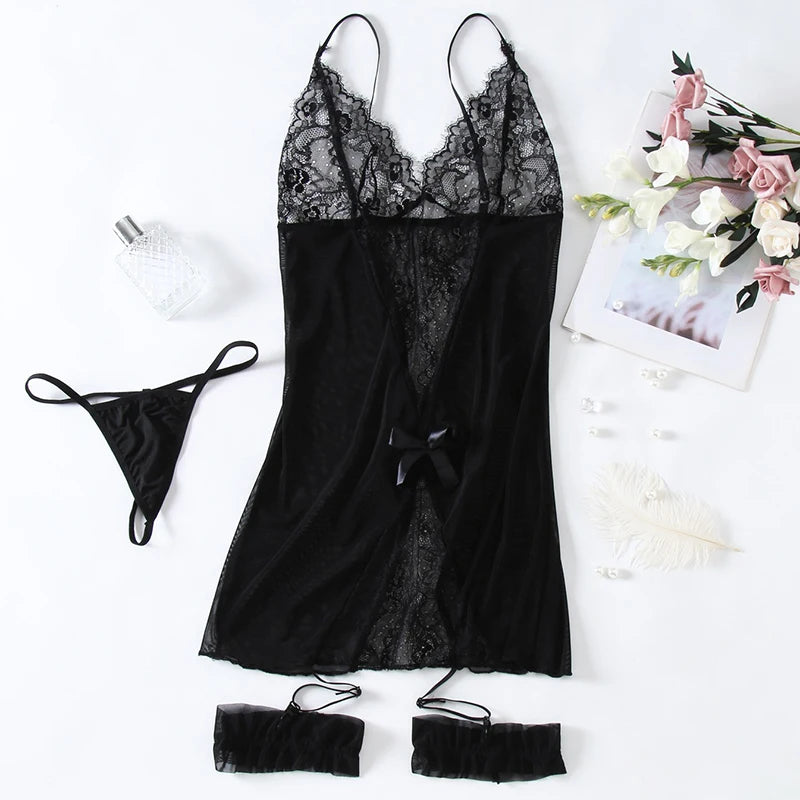 Plus Size Erotic Crotchless Lingerie Women Lace Babydoll Nightie Gown Sexy Costumes Deep V Baby Doll Nightdress With Thong Set
