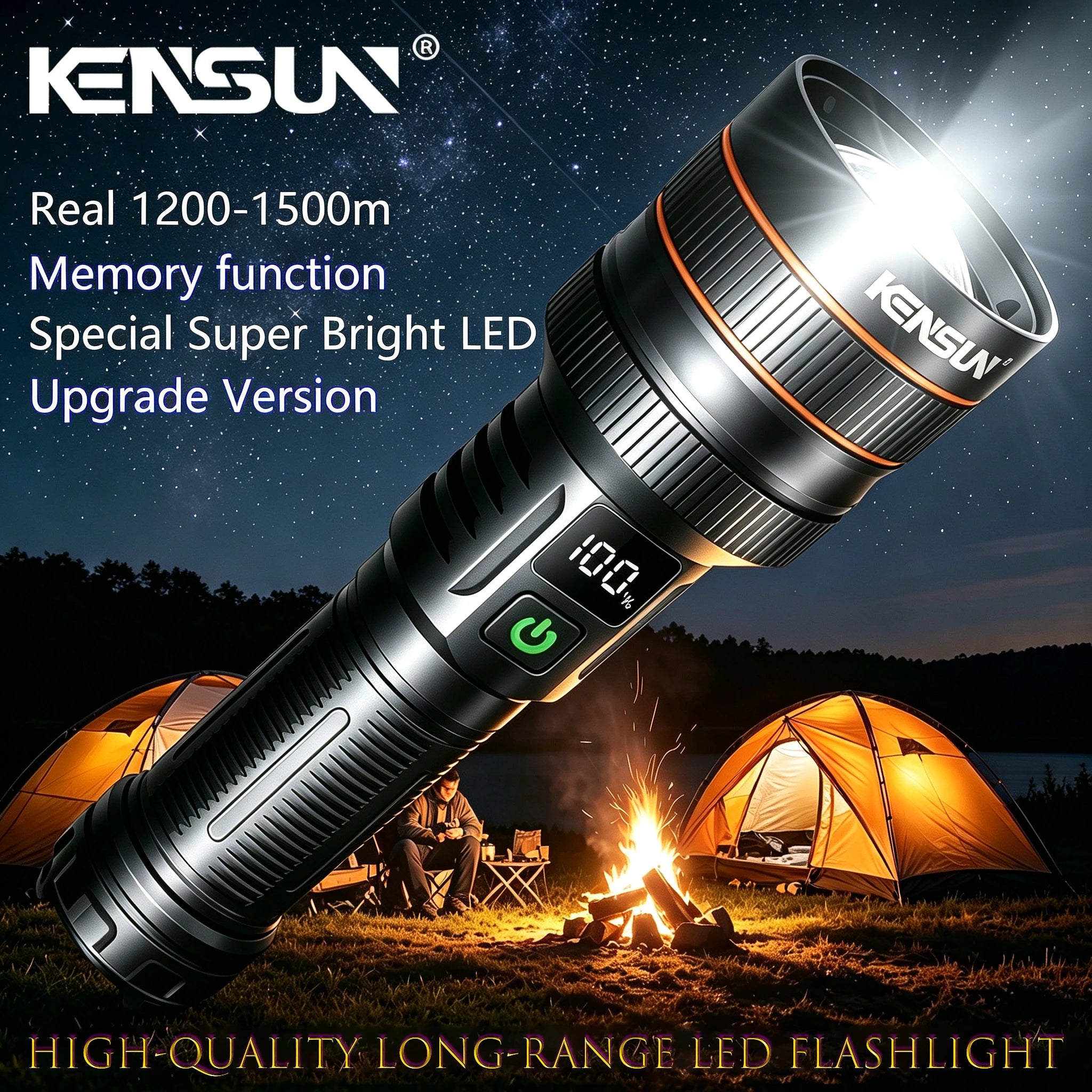 KENSUN Powerful Telephoto LED Flashlight with Variable Zoom Camping Torch Outdoor High-Power Tactical Light 26650 Battery