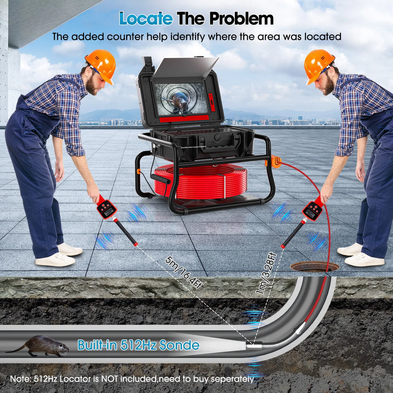 SYANSPAN 10.1" 1080P Screen Pipe Camera 512Hz Sonde&Self-leveling for Drain Sewer Inspection16GB Video Recording IP68 Waterproof