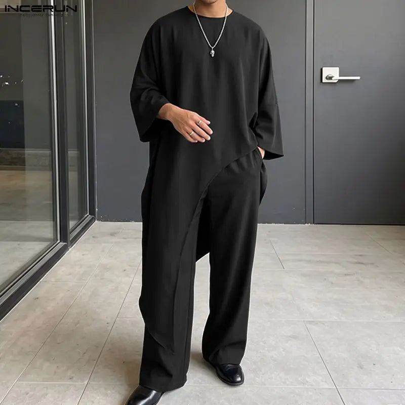 INCERUN Men's Sets Solid Color Loose Long Sleeve Irregular T Shirt Pants Two Piece Streetwear Casual - View 2 | SAMAG