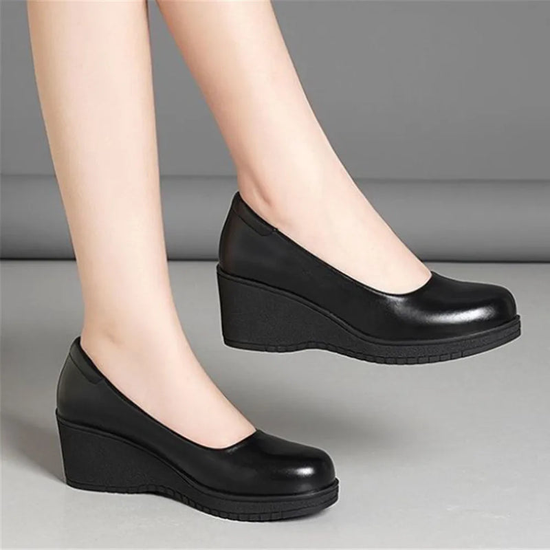 cresfimix women fashion sweet light weight black spring comfort slip on wedge heel shoes lady cool black leather heel shoe ab619