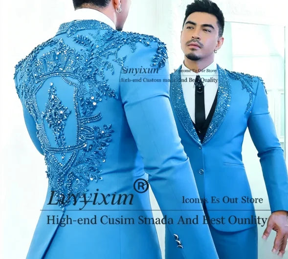 Sparkly Diamond Beaded Men Suit 3 Pieces Set Male Business Blazers Customized Groom Wedding Tuxedos Slim Gem trajes para hombre