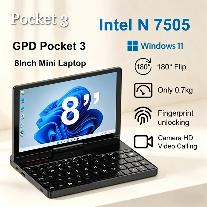 Savage High-Perf GPD Pocket 3 Mini Laptop 8Inch Intel Gold 7505 Notebook 16GB 512GB SSD Modular Full-featured Handheld Windows11