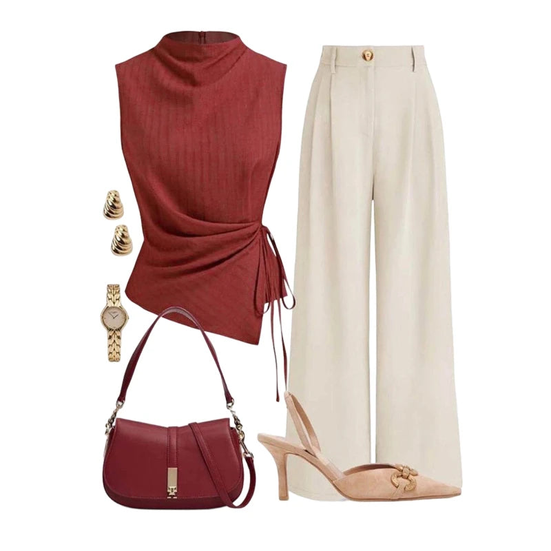 Women's Sleeveless Side Tie Top Matching High Waist Wide Leg Pants For Office Daily Dinner Casual Fashion Occasions
