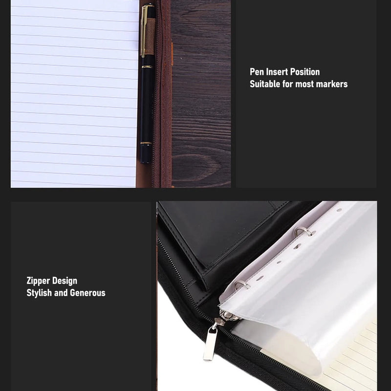 PU Leather Portfolio with Zipper 10 File Pockets 30 Sheets Notebook 4 Rings Binder A4 Document Organizer 10.1 Inch Tablet Cover