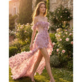 Pink Off Shoulder Mini Evening Dress 3D Handmade Floral | SAMAG