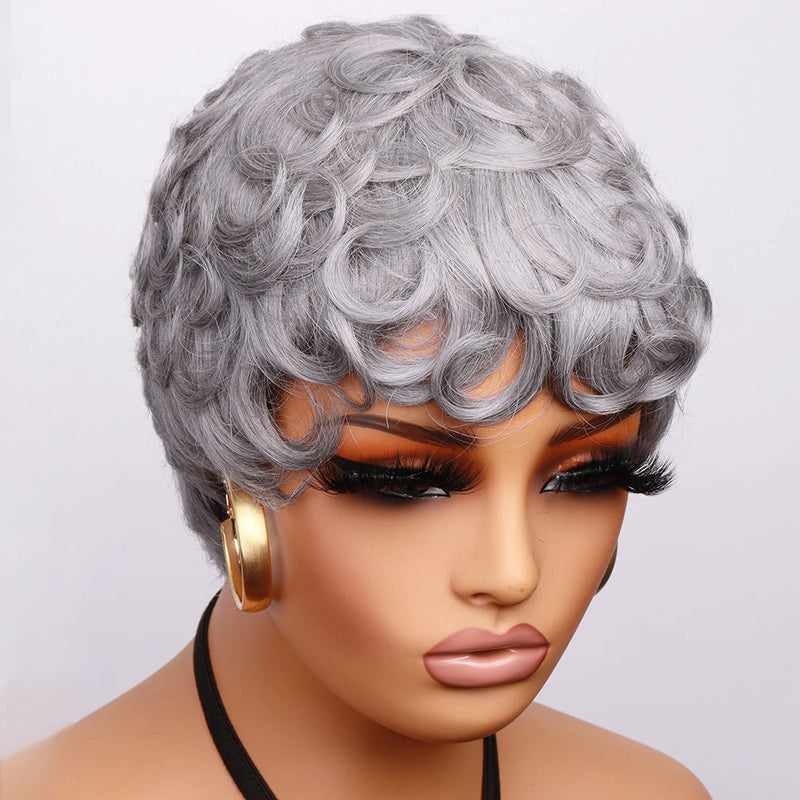 613 Honey Blonde Curly Pixie Cut Wig 100% Human Hair with Bangs Short Curly Human Hair Wigs for Women Machine Made