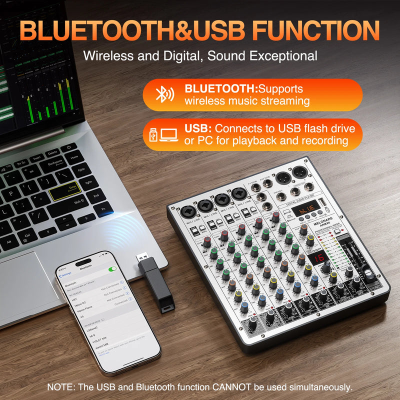 6-Channel Audio Mixer, DJ Mixer with USB Audio Interface, Bluetooth Function, 16 DSP Effects, and 3-Band EQ (ARMX-6)