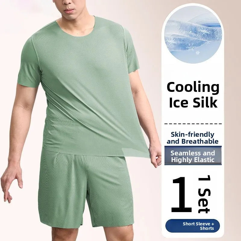 Ice Silk Sleepwear Set round Neck Short Sleeve Casual Lightweight Men's Home Clothes Comfortable Underwear for Youth in Summer