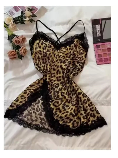Leopard Silk Satin Women Nightgown Sleeveless Side Split | SAMAG