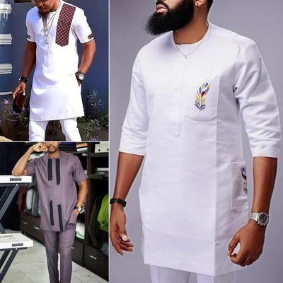 New 2Pc African Traditional O - Neck Outfit Dashiki Muslim Costume For Men Luxury Brand Clothing Full Pant Sets To | SAMAG