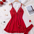 Sexy Lace Lingerie Set for Women, Red Sleepwear Nightdress with Matching Panties, V-Neck Sheer Lace Camisole, Romantic Night
