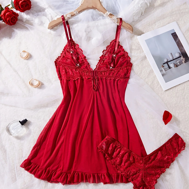 Sexy Lace Lingerie Set for Women, Red Sleepwear Nightdress with Matching Panties, V-Neck Sheer Lace Camisole, Romantic Night