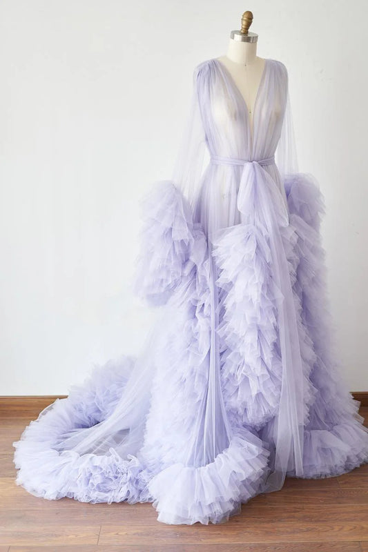 Women's Dressing Gown Perspective Sheer Long Tulle Robe Puffy Pregnancy Maternity Dress for Baby Shower Nightgown Sleepwear