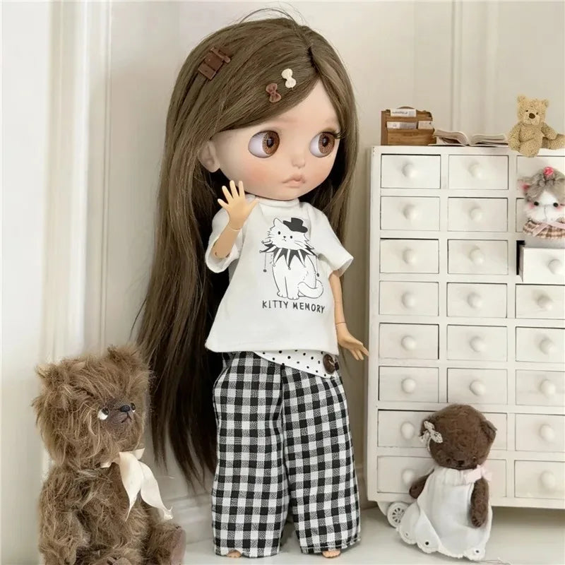 For Blythe Doll Outfit Clothing Princess Lace Maid Skirt Set Cute Plaid Pants Vintage Dress Clothes OB24 OB22 1/6 Accessories