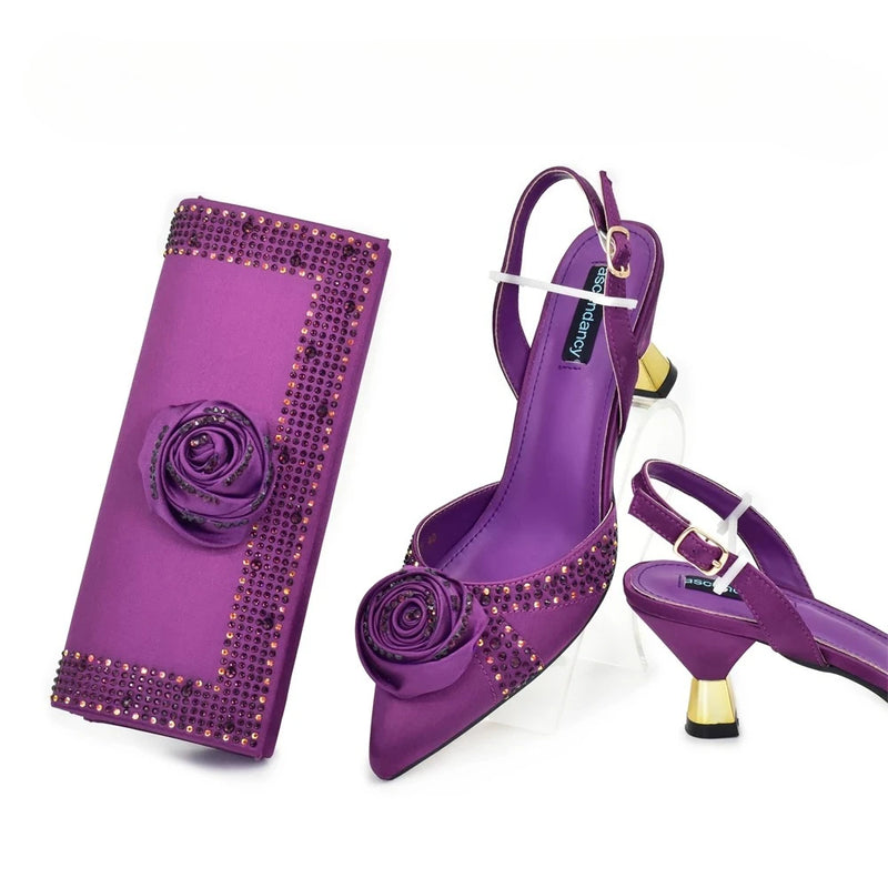 New Fashion Rhinestone Women Shoes and Bags To Match Set Nigeria Party Women's Pumps with Handmade Flowers Bag and Shoe Set