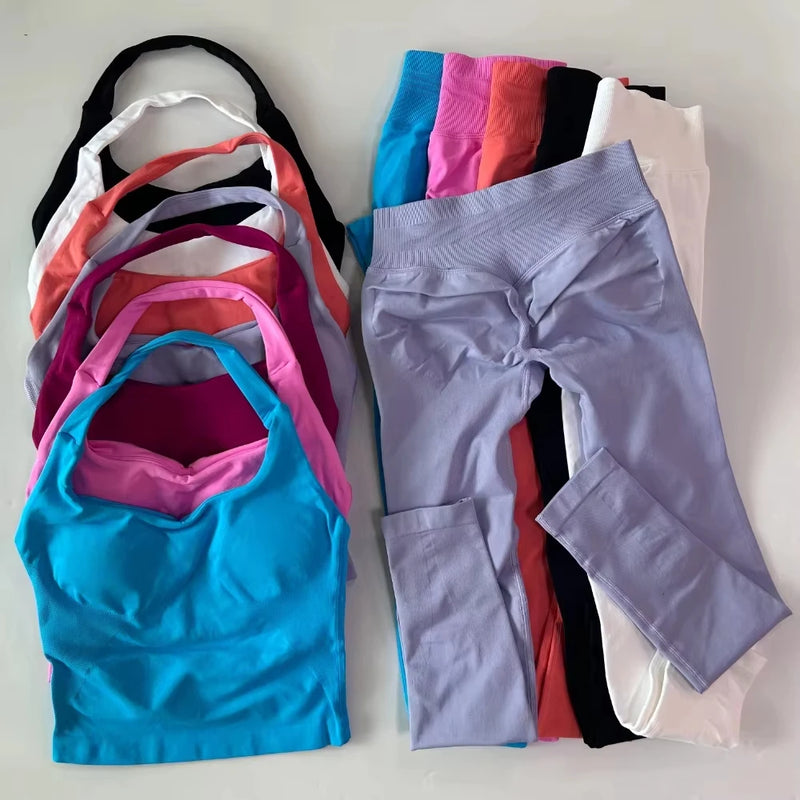 1-2pcs Gym Set Women Backless Tank Tops High Waist Scrunch Seamless Shorts High Waist Yoga Leggings Workout Sets Gym Suit