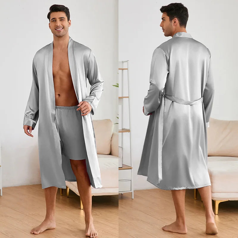 Men's Nightgown Shorts Set Solid Color 2-Piece Loungewear Bathrobe Shorts Set Thin Pajamas Kimono Bathrobe Long Robe Sleepwear