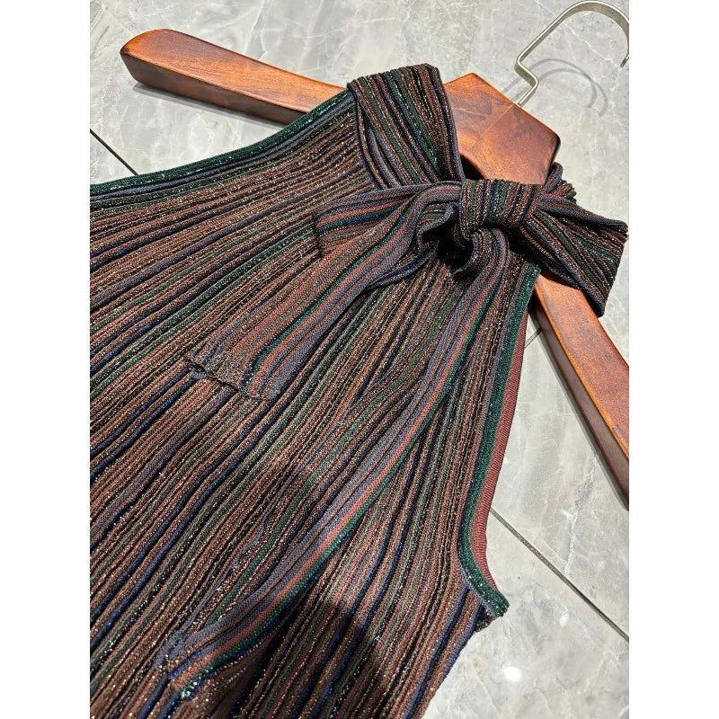Metallic Colorful Striped Knit Skirt Set Women 2026 New Classic Halter Neck Sleeveless T-Shirt+Slim Versatile Skirt 2-Piece Set