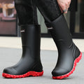 Men's Rain Boots Long Tube Water Shoes Non-slip Waterproof Safety Work Shoes Black Red High-Top Fishing Boots With Cotton Socks