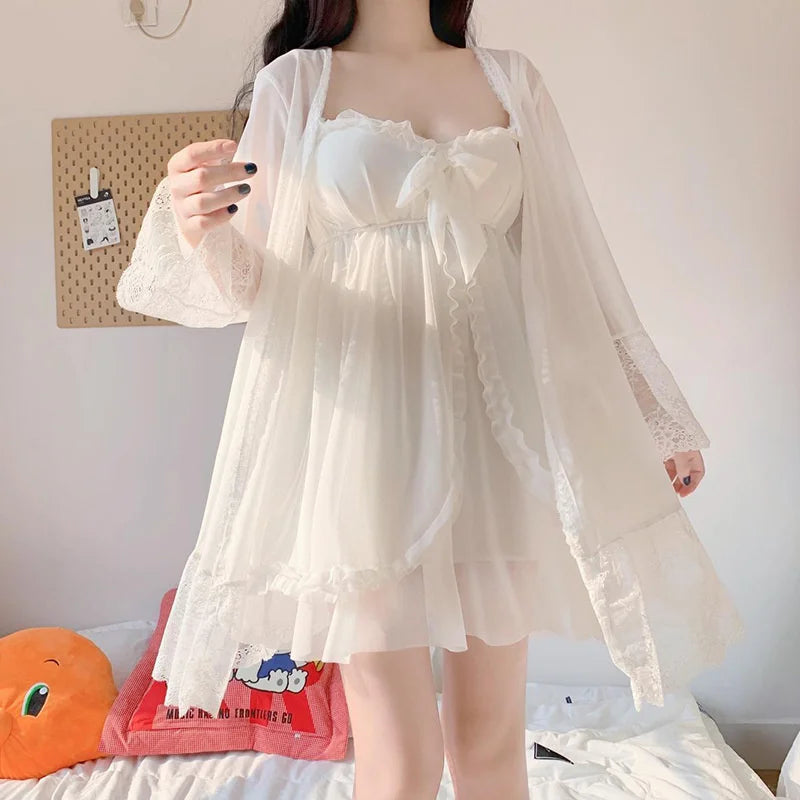 Elegant Sweet Simple Solid White Women Robe Gown Sets | SAMAG