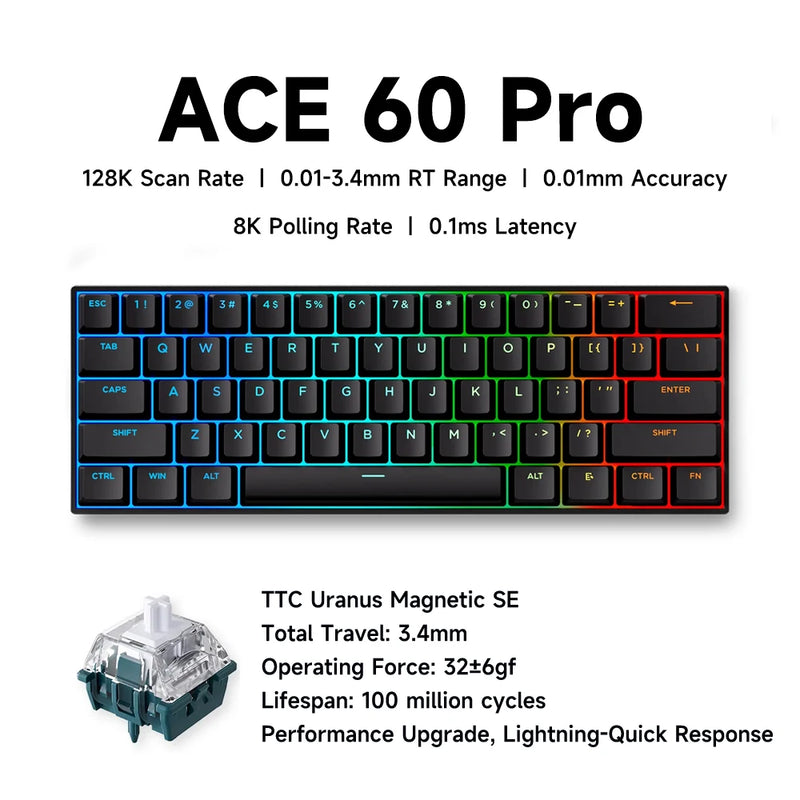 MCHOSE ACE 68 Magnetic Switch Gaming Keyboard Hall Effect Rapid Trigger Programmable RGB 8K Hz DKS/MT/TGL/RS/SOCD Keyboard