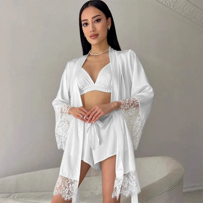 Women's Sexy Night Gown Robe V - Neck Satin Lace Bathrobe | SAMAG