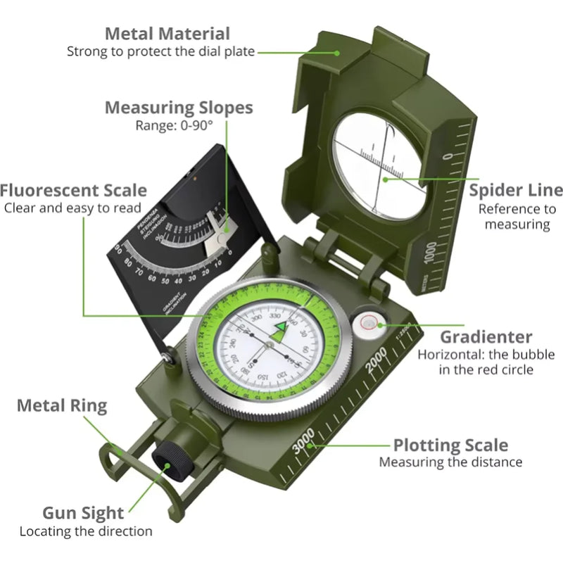 Mulitifunctional High Precision Outdoor Survival Military Compass Camping Waterproof Metal with Fluorescent Geological Compass