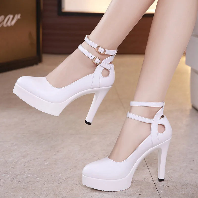 high quality leather shoe for women 11cm high heel platform point toe 32 33 42 43 elegant and fashion shoe black red white