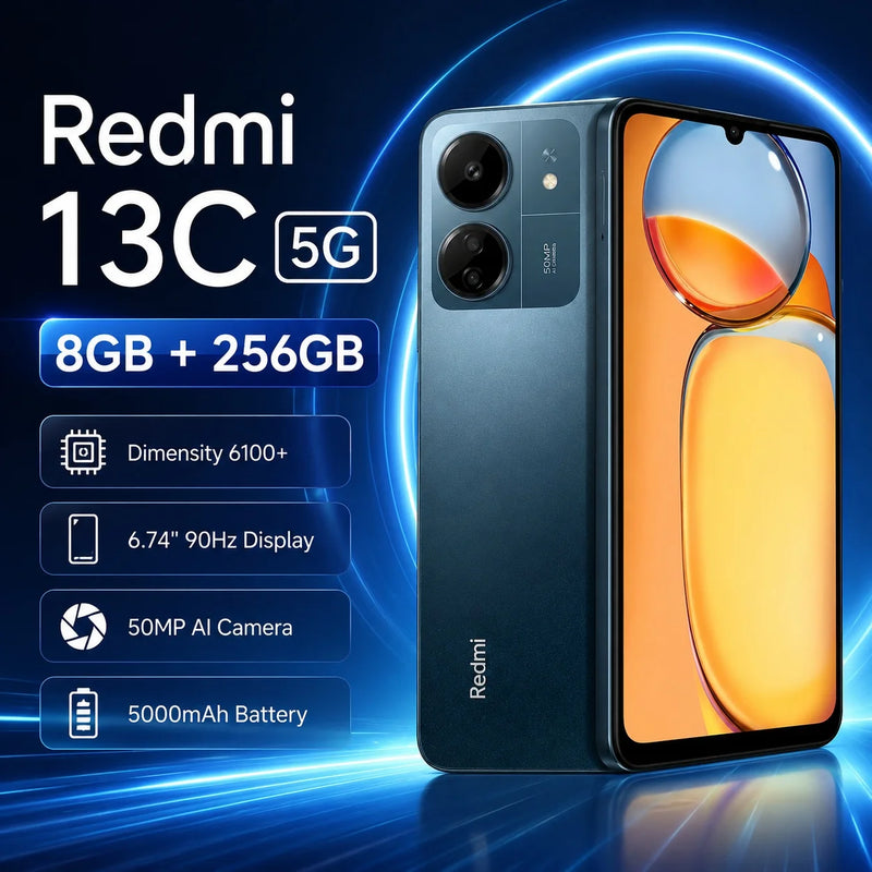 Redmi 13C 5G Smartphone 8GB+256GB, Dimensity 6100+, 6.74'' 90Hz Display, 50MP AI Camera, 5000mAh Battery, Dual SIM Phone